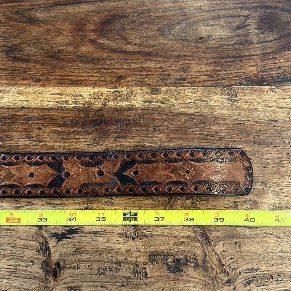 Bergamot Brass Works Vintage Tooled Leather Belt with Soaring Eagle Brass Buckle
